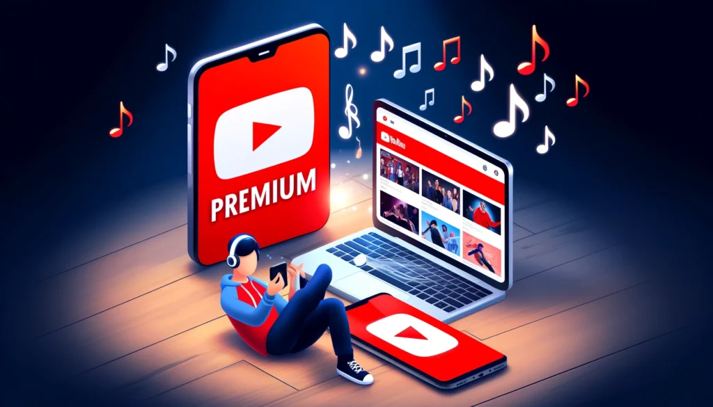 DALL·E 2024 10 13 20.53.35 A person enjoying YouTube Premium on a smartphone and laptop with the YouTube logo prominently displayed. The devices show videos playing smoothly wi