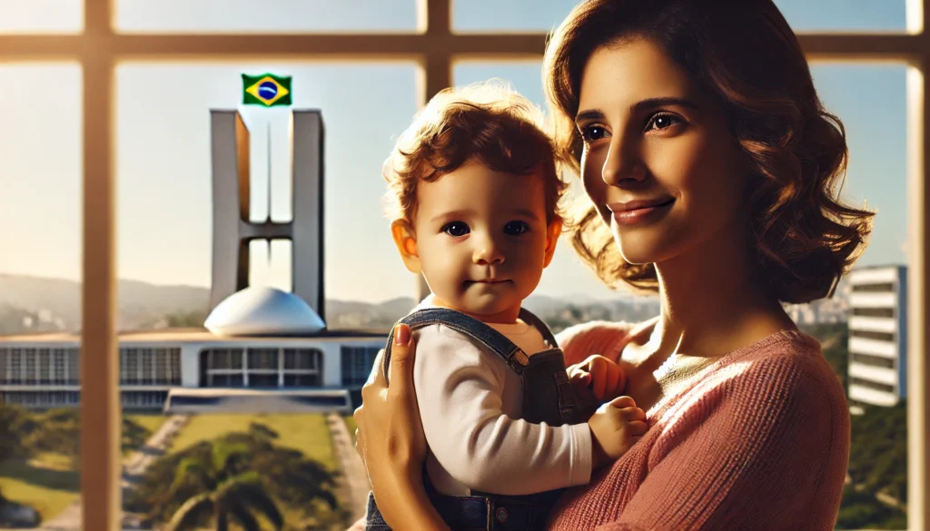 DALL·E 2024 10 15 01.02.21 A mother holding a child looking hopeful with a Brazilian government building in the background symbolizing assistance and social benefits. The env