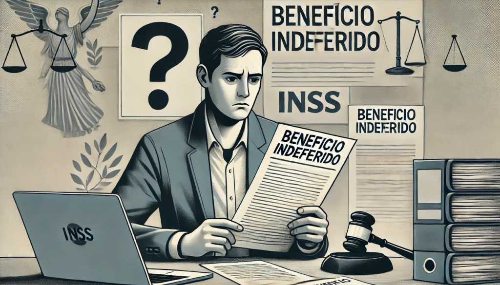 DALL·E 2024 10 17 00.18.29 A serious and professional wide image showing a person looking concerned while reviewing a document labeled Beneficio Indeferido on a laptop or pape