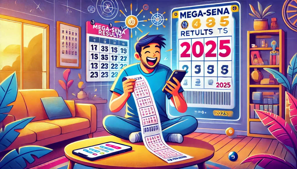 DALL·E 2024 10 23 22.10.00 A wide image depicting a joyful person checking their lottery ticket with excitement realizing they have matched 4 numbers in the Mega Sena. The sett