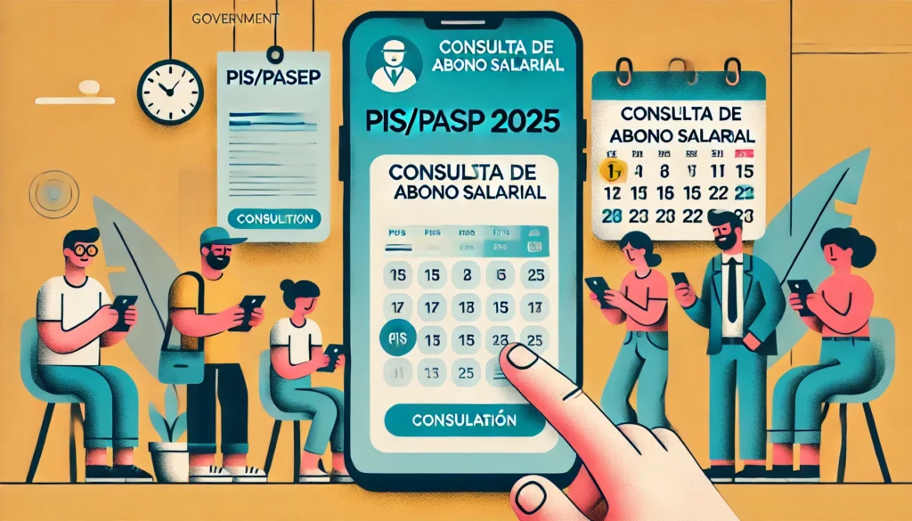 DALL·E 2024 10 12 11.38.42 A wide image showcasing the PIS PASEP 2025 consultation process a smartphone displaying a government app with a section for consulta de abono salari