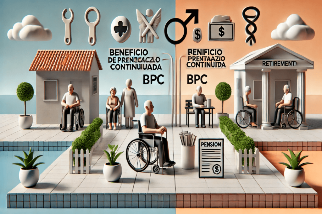 DALL·E 2024 09 01 22.00.11 A comparison visual showing two sides on one side a representation of the Beneficio de Prestacao Continuada BPC with symbols of disability support 1200x800 1