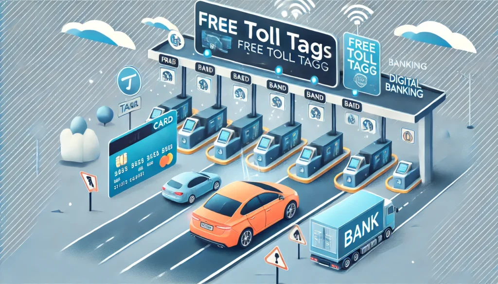 DALL·E 2024 09 03 19.54.52 An image showing a car passing through a toll booth with a digital tag reader overhead symbolizing the convenience of using free toll tags offered by