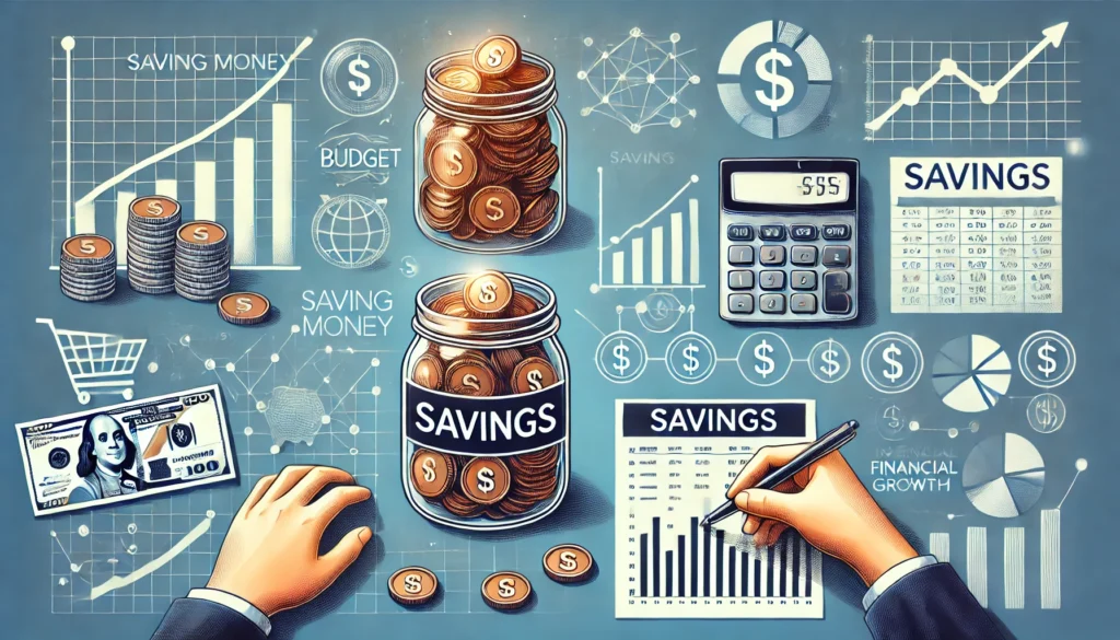 DALL·E 2024 09 03 20.00.07 An image illustrating various money saving strategies showing a person reviewing a budget a jar labeled savings filled with coins and a calculato