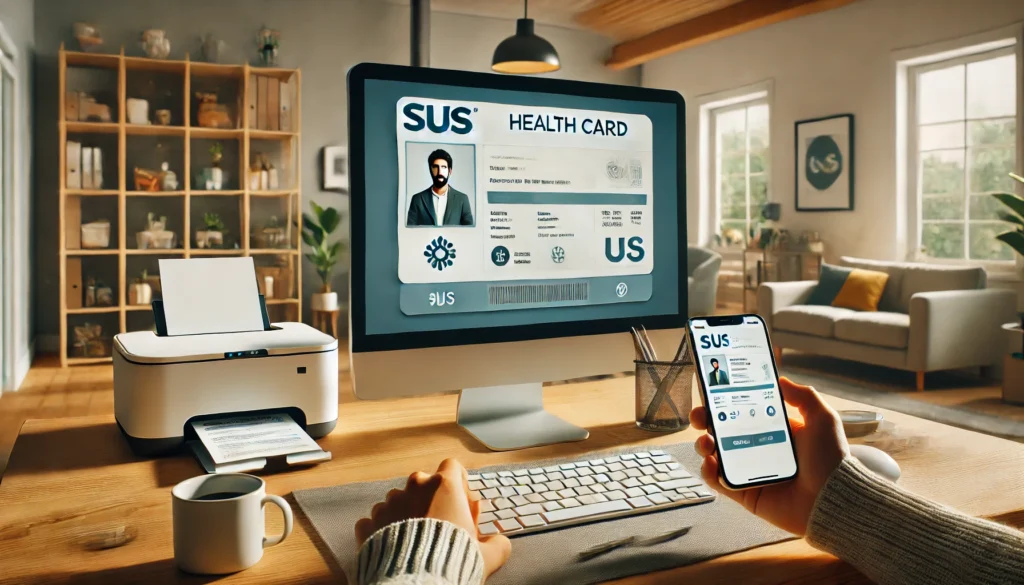 DALL·E 2024 09 04 15.43.50 A wide image showing a person of diverse ethnicity using a computer or smartphone to print their SUS health card. The setting is a modern home office