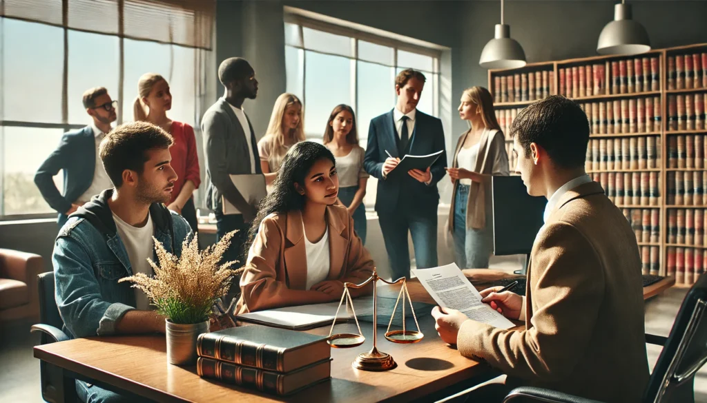 DALL·E 2024 09 04 15.51.44 A wide image showing a diverse group of individuals meeting with a public defender or lawyer in a professional setting like a legal aid office. The s