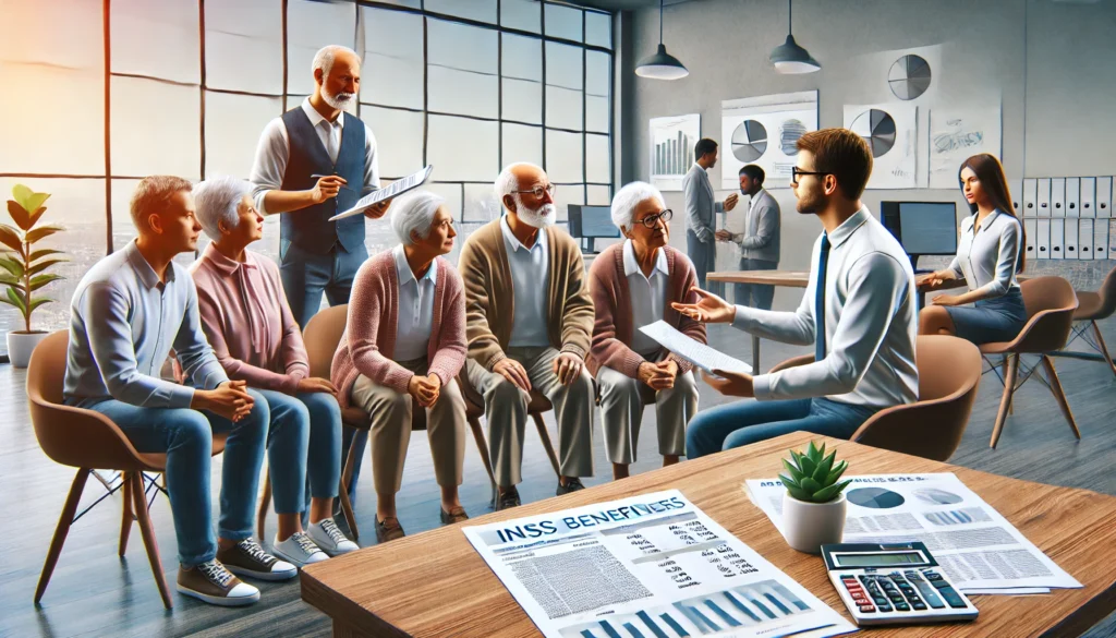 DALL·E 2024 09 04 22.28.15 A detailed and informative image depicting a group of diverse elderly people receiving financial advice symbolizing INSS beneficiaries. The setting s