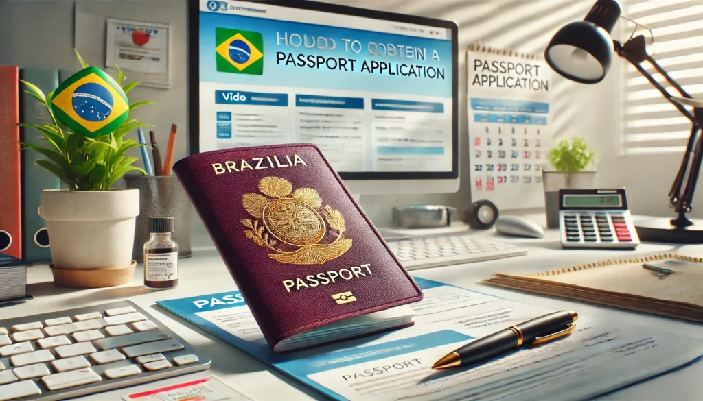 DALL·E 2024 09 05 18.03.04 A wide image illustrating a guide on how to obtain a passport featuring a close up of a Brazilian passport documents and a pen on a desk. The setti