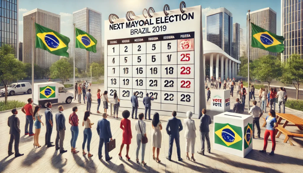 DALL·E 2024 09 05 18.16.02 A wide image illustrating the topic of the next mayoral election in Brazil featuring a diverse group of people looking at a large calendar marked wit