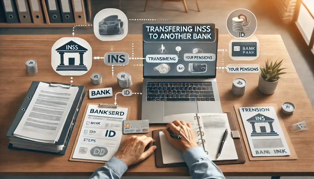 DALL·E 2024 09 05 19.51.05 A wide image illustrating the process of transferring INSS retirement benefits to another bank. The scene includes a person sitting at a desk reviewi