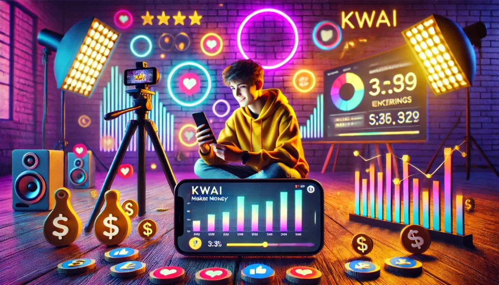 DALL·E 2024 09 07 23.27.30 A wide image showing a content creator making money on Kwai with a vibrant and engaging setup. The scene includes a young person recording a video us