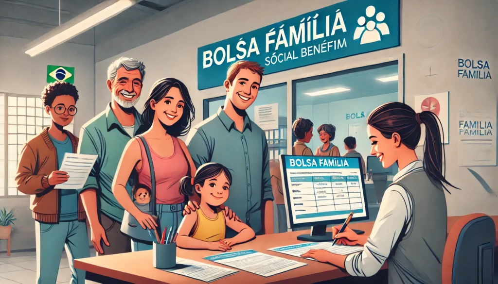 DALL·E 2024 09 09 21.04.20 A helpful illustration showing a diverse Brazilian family at a community center or government office filling out forms for a social benefit program.