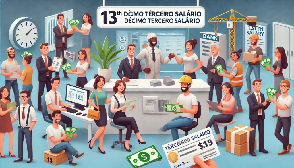 DALL·E 2024 09 09 21.08.13 An informative illustration depicting a diverse group of Brazilian workers happily receiving their 13th salary known as decimo terceiro salario. Th