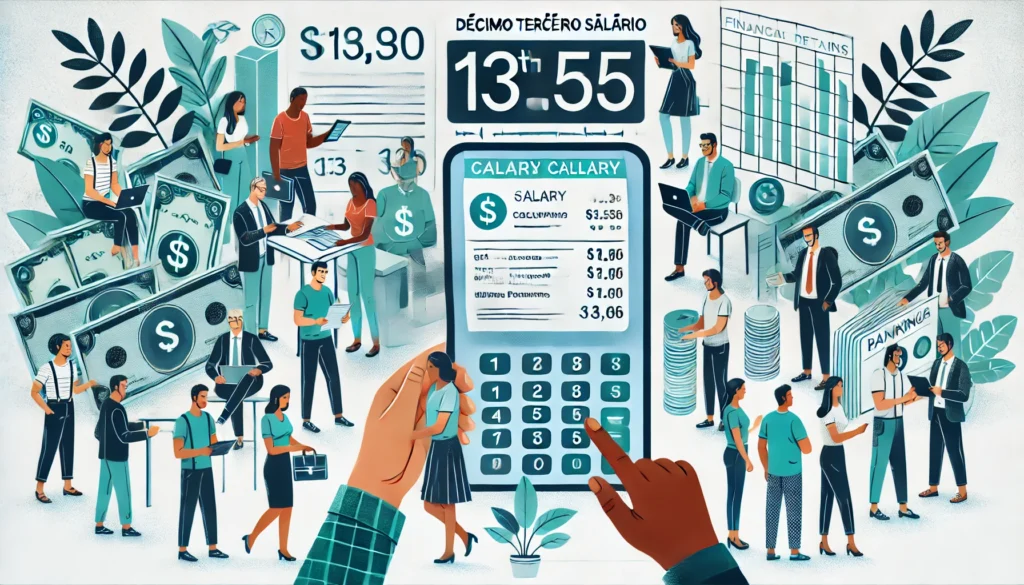 DALL·E 2024 09 09 21.10.22 An illustration showing a diverse group of Brazilian workers calculating or receiving their 13th salary decimo terceiro salario. The scene includes