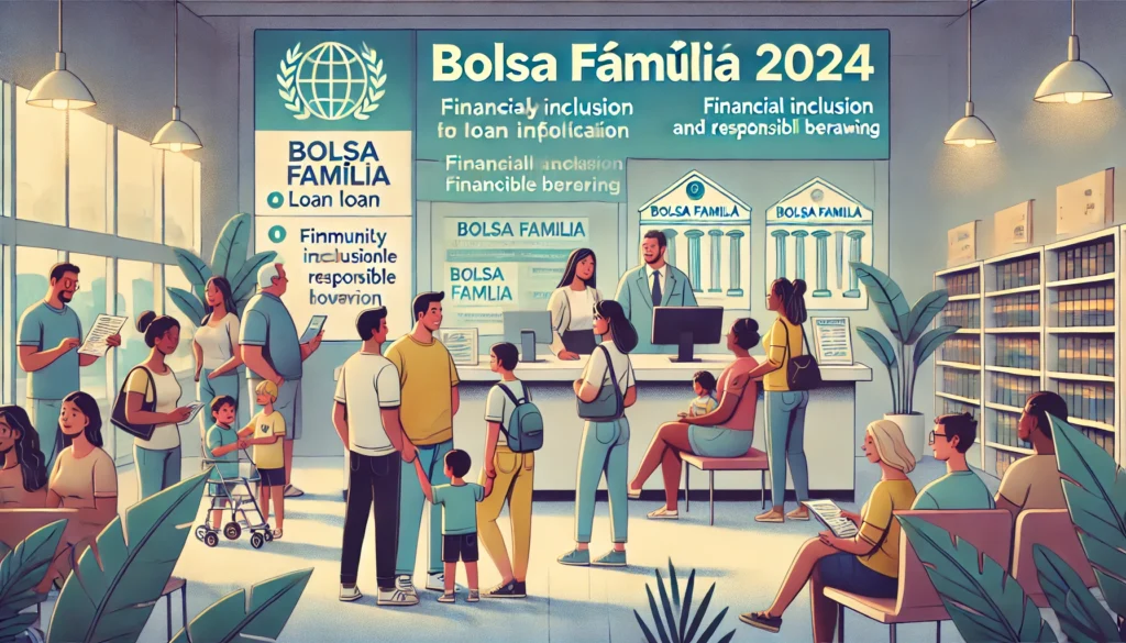 DALL·E 2024 09 10 15.34.17 An illustration showing a diverse group of Brazilian families learning about or applying for the Bolsa Familia loan in 2024. The scene includes a comm