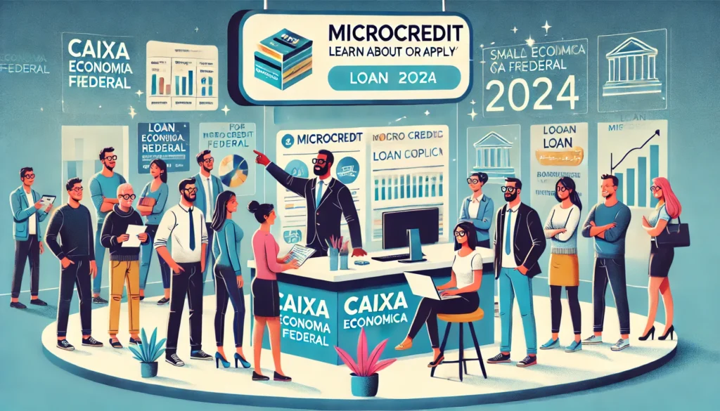 DALL·E 2024 09 10 15.39.41 An illustration showing a diverse group of small business owners and entrepreneurs at a Caixa Economica Federal branch or using a digital platform to