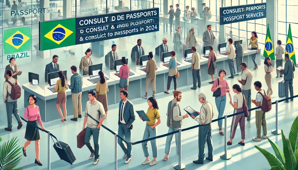 DALL·E 2024 09 10 15.44.35 An illustration showing a diverse group of Brazilian citizens at a passport office or using a digital platform to consult and apply for their passport