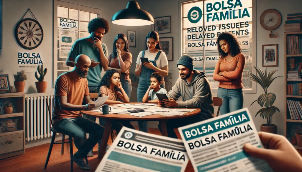 DALL·E 2024 09 10 23.01.04 A scene depicting a diverse Brazilian family at home with a focus on resolving issues related to receiving delayed payments from social benefits like