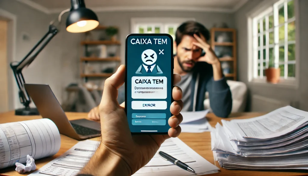 DALL·E 2024 09 12 18.37.36 A detailed image showing a smartphone displaying the Caixa Tem app with a visible error message. In the background a frustrated user sitting at a des