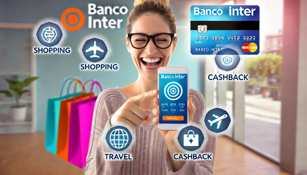 DALL·E 2024 09 14 13.21.52 A cheerful person using a smartphone with a Banco Inter app interface displayed showing points or rewards accumulating. The background includes shopp