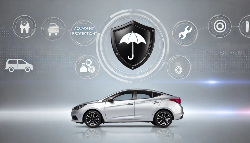 DALL·E 2024 09 14 13.23.12 A modern car with a protective shield or umbrella symbolizing comprehensive car insurance. The background includes subtle icons representing different