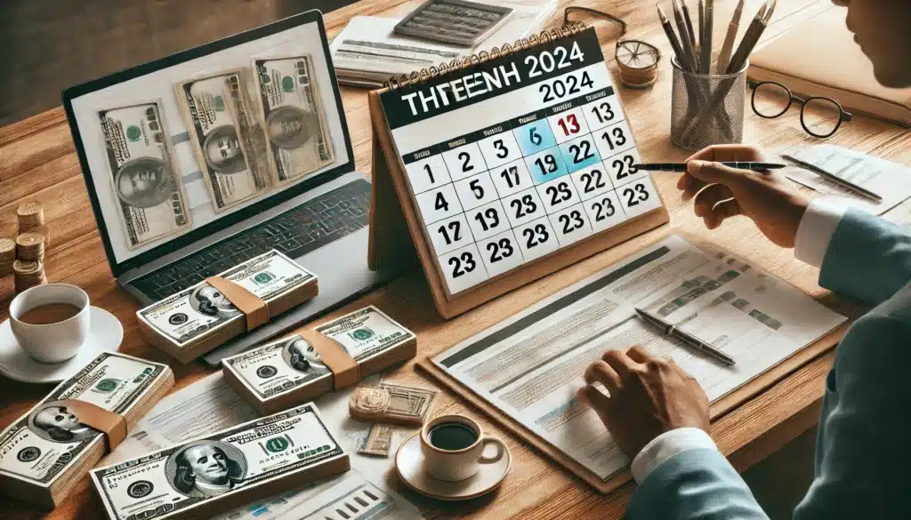 DALL·E 2024 09 16 15.19.00 A professional and informative image illustrating the concept of receiving the thirteenth salary in 2024. The scene includes a calendar marked with hi