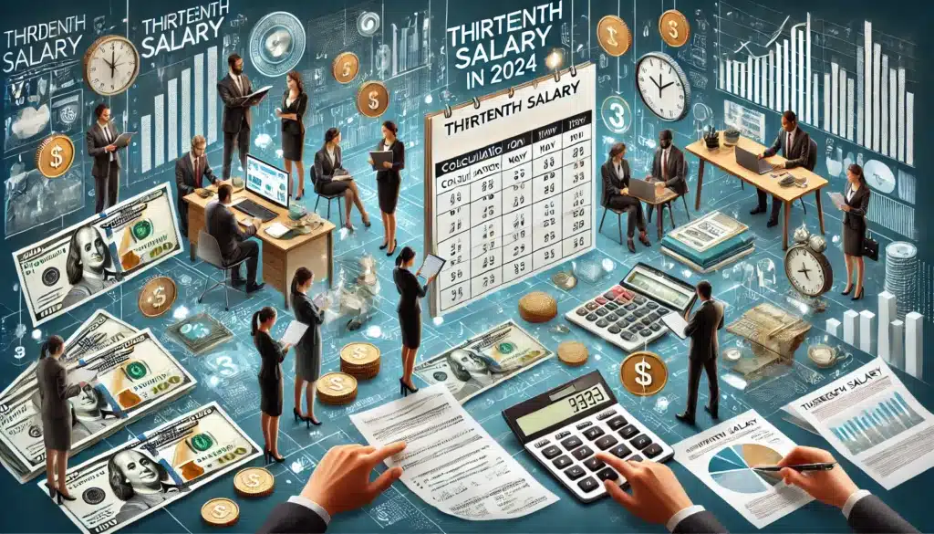 DALL·E 2024 09 16 15.44.01 An informative image depicting various aspects of the thirteenth salary in 2024 including calculation payment and fiscal implications. The scene sh