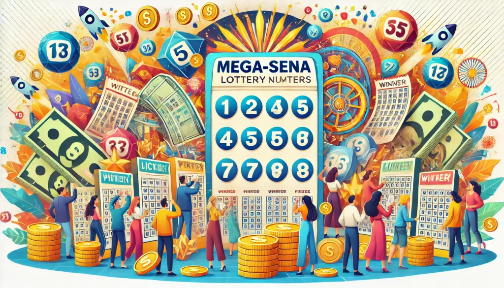 DALL·E 2024 09 17 16.30.59 A wide image depicting the concept of the Mega Sena lottery featuring a variety of colorful lottery tickets numbers and a digital display of winnin