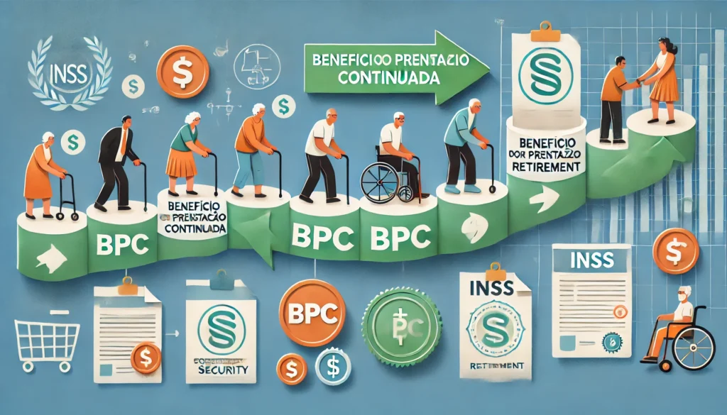 DALL·E 2024 09 17 16.52.17 An informative and illustrative image showing a transition from social benefits to retirement specifically focusing on transforming BPC Beneficio de