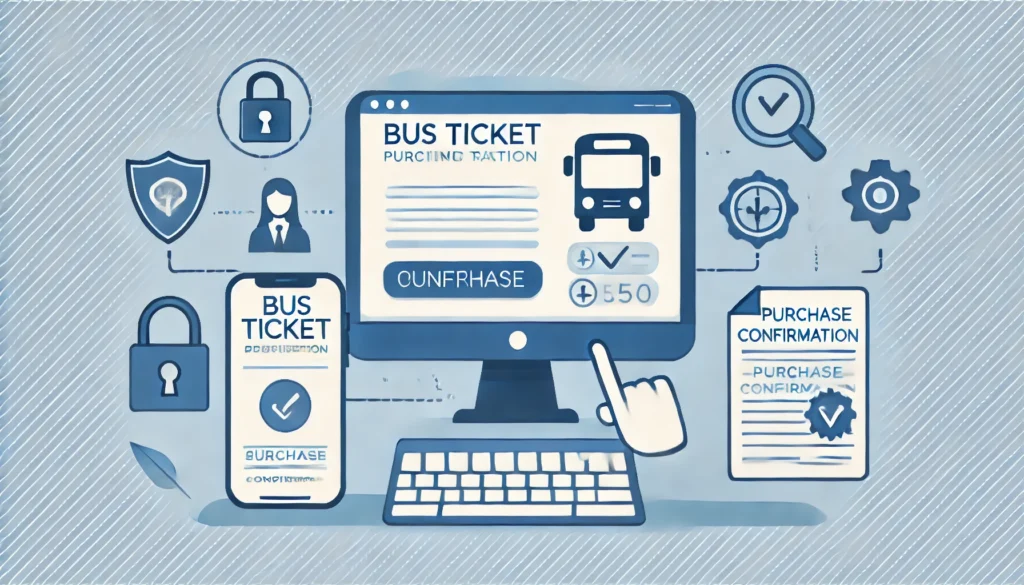 DALL·E 2024 09 21 01.36.47 An image showing a computer or mobile screen displaying a bus ticket purchasing platform highlighting icons of security approval and purchase confi