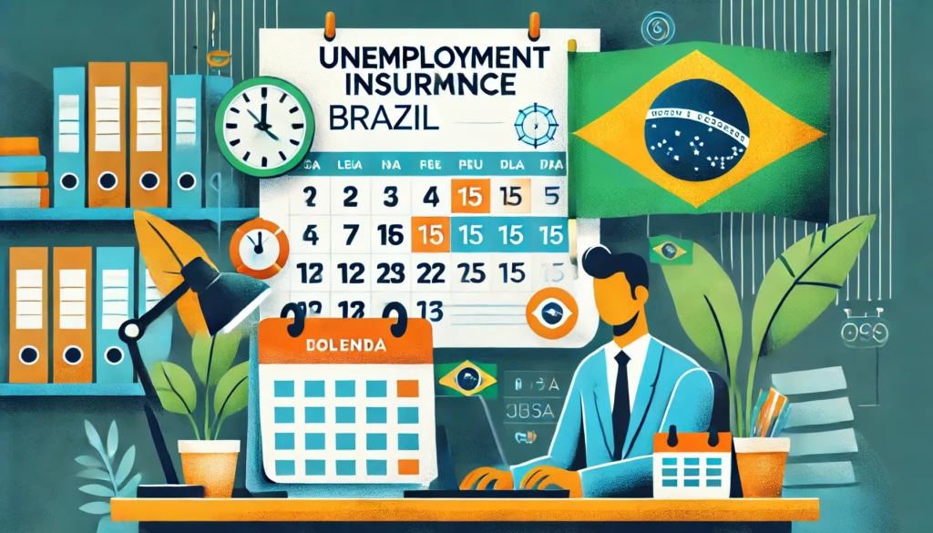 DALL·E 2024 09 22 21.24.32 An informative visual about unemployment insurance in Brazil featuring a Brazilian worker in an office or work setting with symbols of a paycheck c