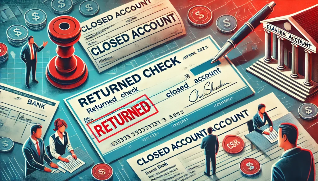 DALL·E 2024 09 24 00.25.51 A representation of a returned check due to a closed account featuring a check marked as returned and symbols of a closed bank account such as a sta