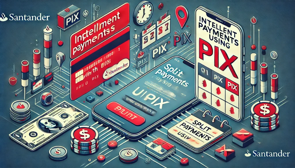 DALL·E 2024 09 25 13.05.47 A detailed image representing digital finance specifically the concept of installment payments with Pix. The scene shows a phone screen with the Sant