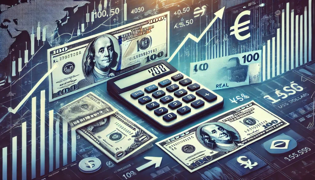 DALL·E 2024 09 26 23.45.38 A visual representation of currency conversion featuring 100 US dollars being converted into Brazilian reais. The image includes a calculator dollar