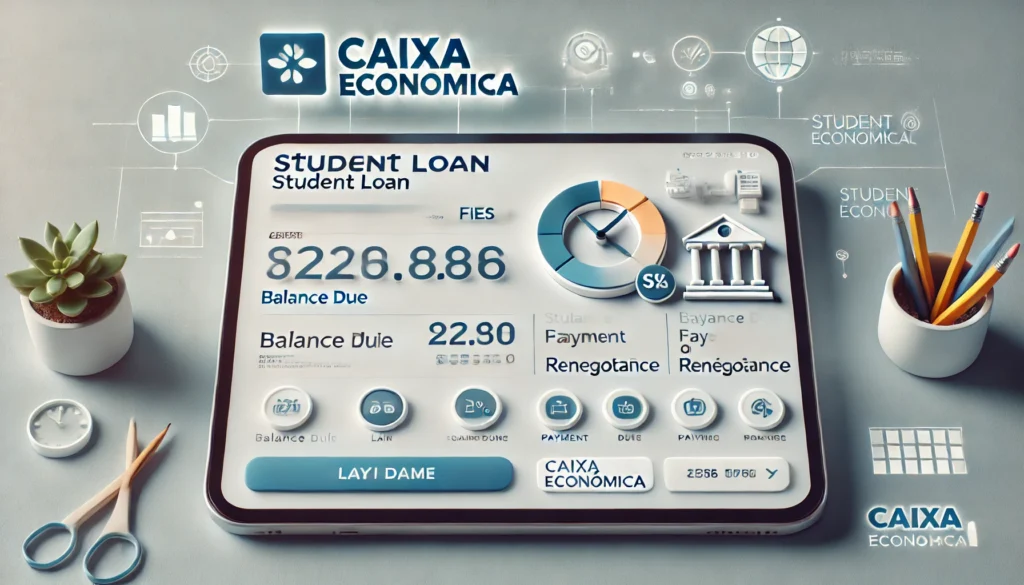 DALL·E 2024 09 26 23.48.01 A digital banking interface showing the balance of a student loan FIES at Caixa Economica. The screen features loan details balance due and option