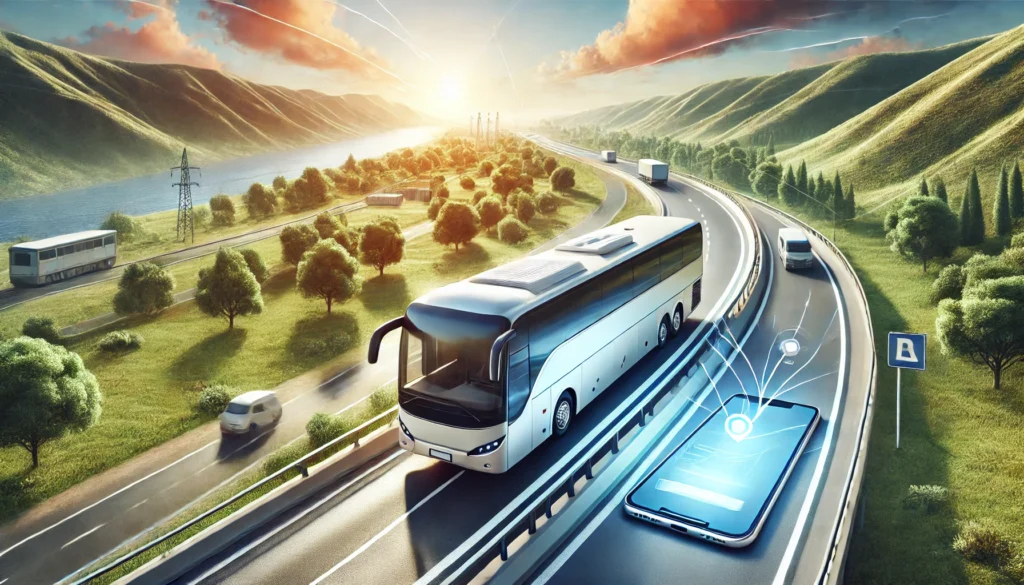 DALL·E 2024 09 29 14.07.25 A modern bus traveling on an open highway with scenic landscapes around representing an affordable and comfortable journey. The image also subtly in