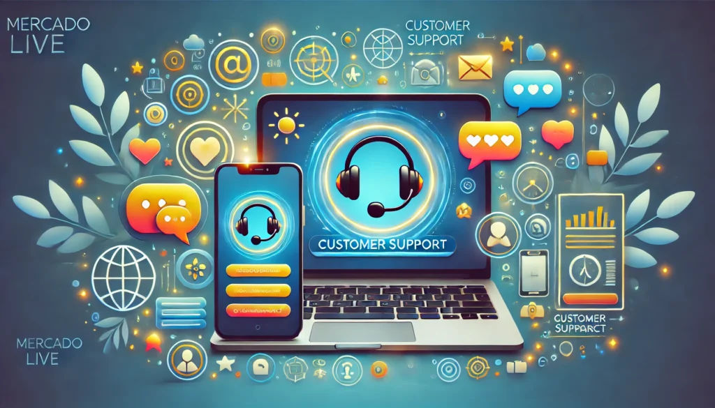 DALL·E 2024 09 29 14.12.43 A laptop and smartphone displaying customer support interfaces surrounded by symbols of communication like a headset chat bubbles and customer serv