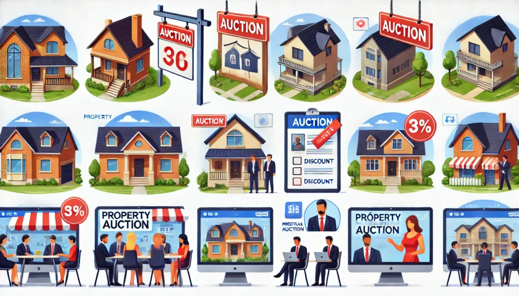 DALL·E 2024 10 01 22.27.23 Various types of properties like houses and apartments each with signs saying Auction and Discount symbolizing a property auction event. Diverse