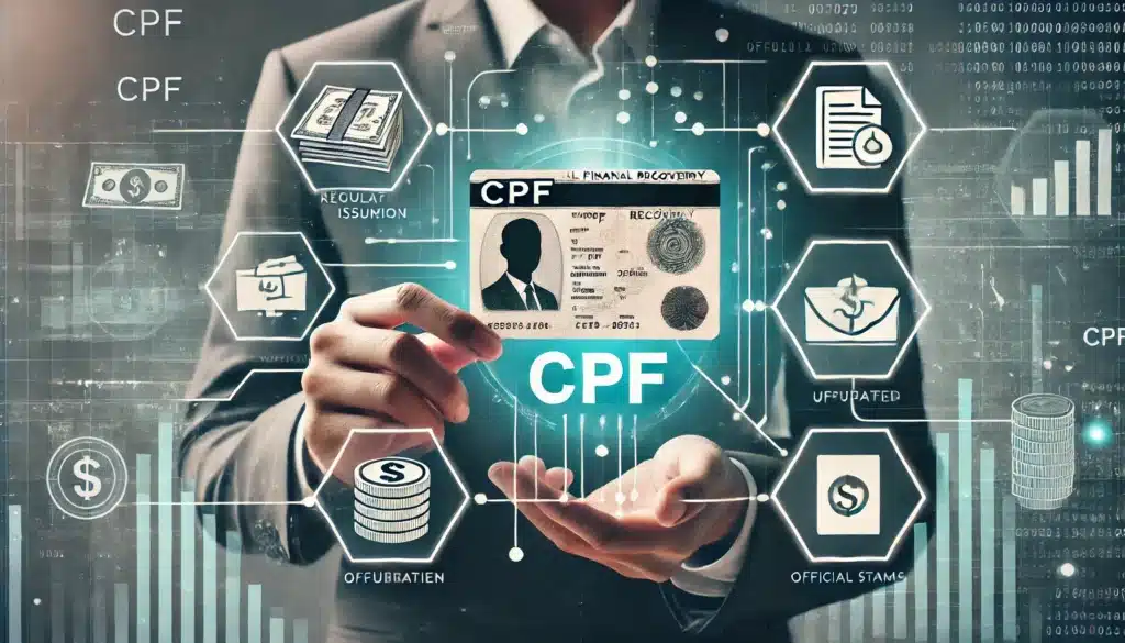 DALL·E 2024 09 02 21.33.00 An image showing a person holding a CPF card with a digital background illustrating financial recovery. Include icons of documents money and officia