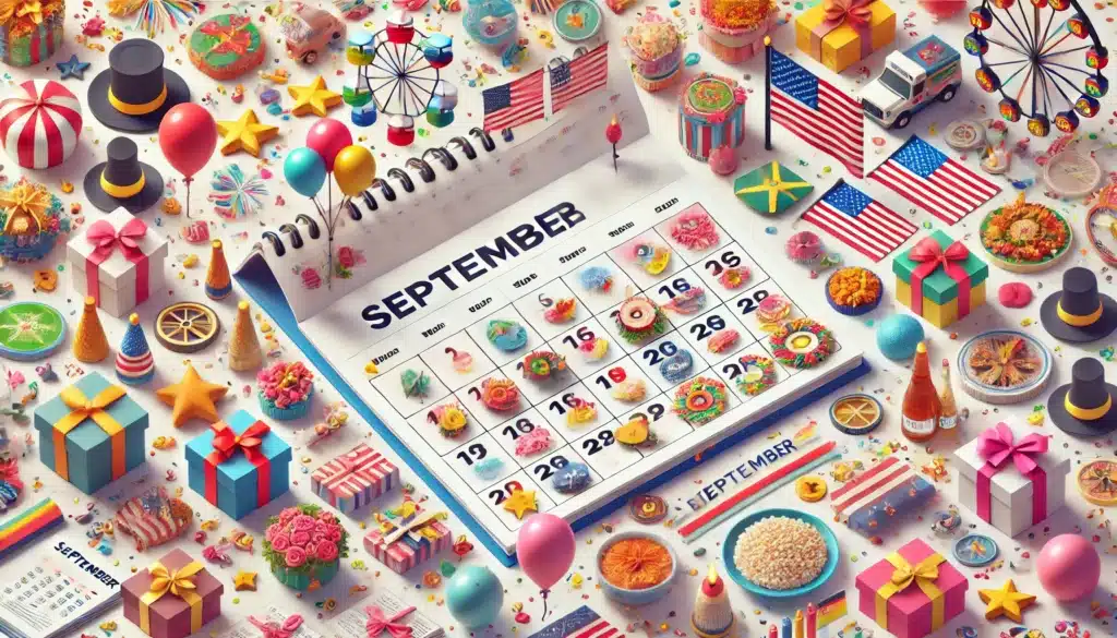 DALL·E 2024 09 03 16.22.38 An image showing a September calendar with highlighted holidays and commemorative dates. Include festive elements like confetti balloons and symbols