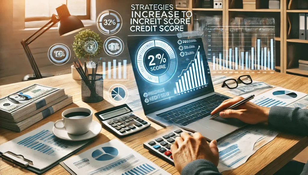 DALL·E 2024 09 05 18.05.39 A wide image illustrating strategies to increase credit score for financing featuring a person reviewing a credit report on a laptop surrounded by f