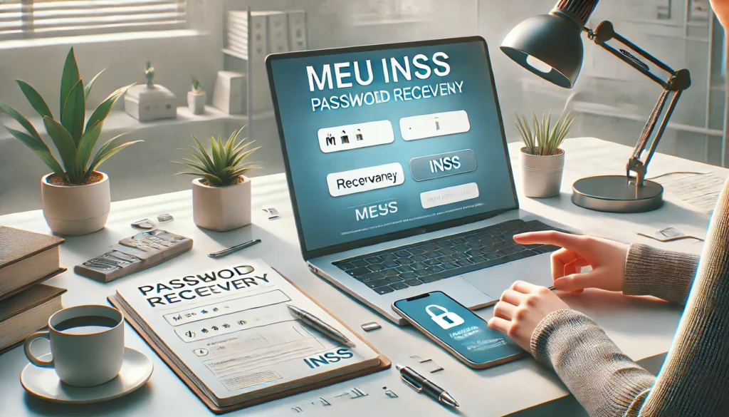 DALL·E 2024 09 05 19.55.31 A wide image illustrating the process of recovering a password for the Meu INSS platform. The scene shows a person using a smartphone and a laptop