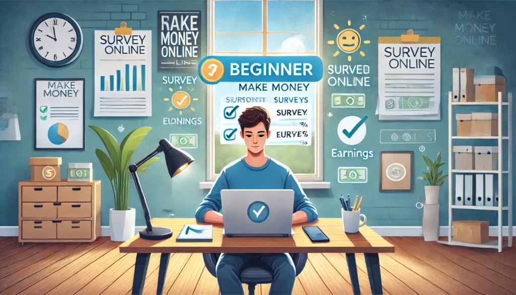 DALL·E 2024 09 06 20.34.29 A wide image depicting a beginner learning how to make money online by responding to surveys. The scene shows a young person sitting at a desk with a