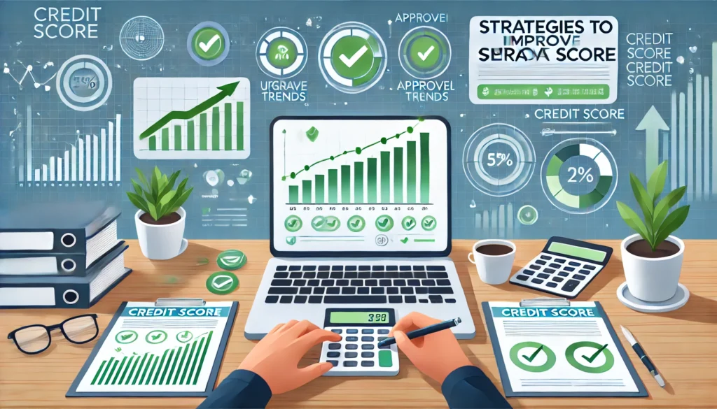 DALL·E 2024 09 07 23.25.47 A wide image illustrating strategies to improve Serasa Score focusing on personal finance and credit optimization. The scene features a person review