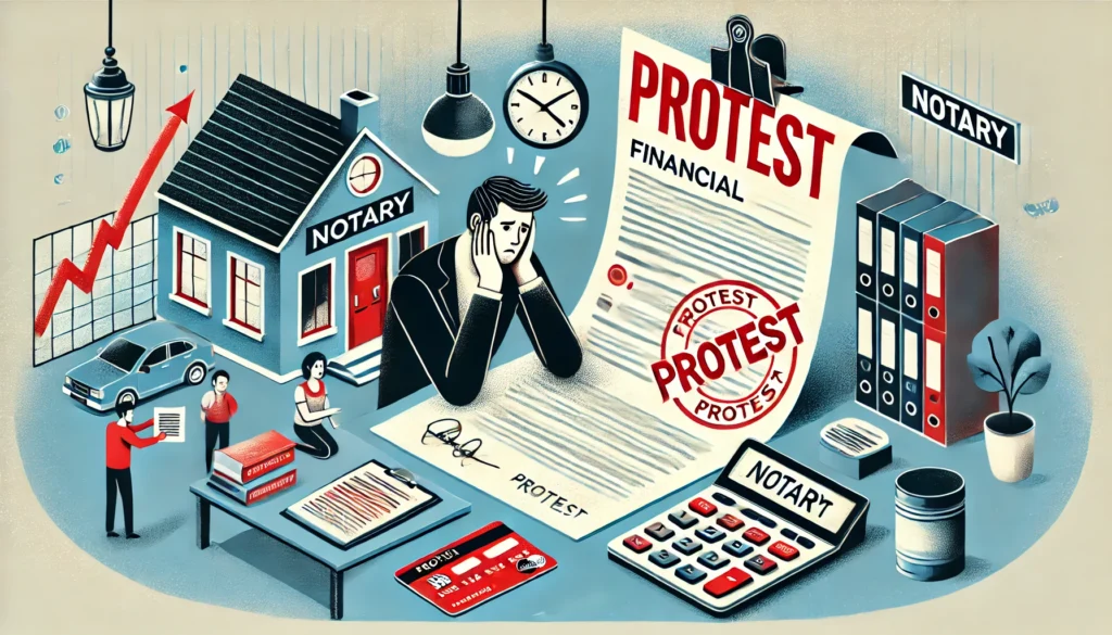 DALL·E 2024 09 08 22.57.46 An informative and impactful illustration showing the concept of a financial protest at a notarys office. Include elements like a person looking worr