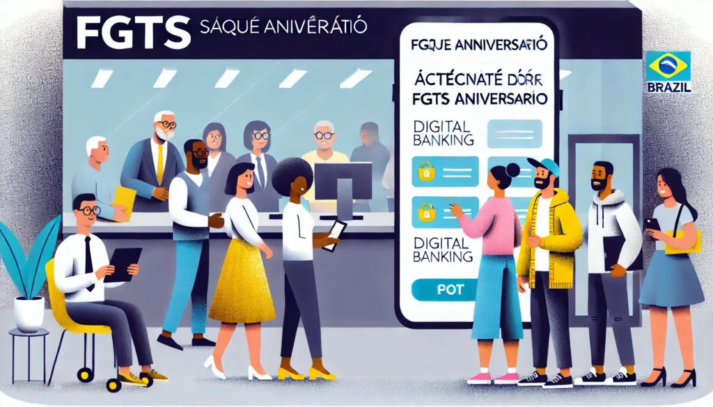 DALL·E 2024 09 09 21.06.41 An illustration showing a diverse group of Brazilian people using digital devices or visiting a bank to anticipate their FGTS saque aniversario. The s