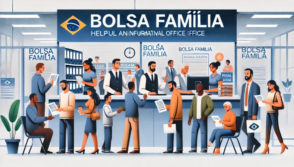 DALL·E 2024 09 10 22.49.07 A helpful and informative image showing a Brazilian community office setting where individuals are applying for social benefits like Bolsa Familia. In