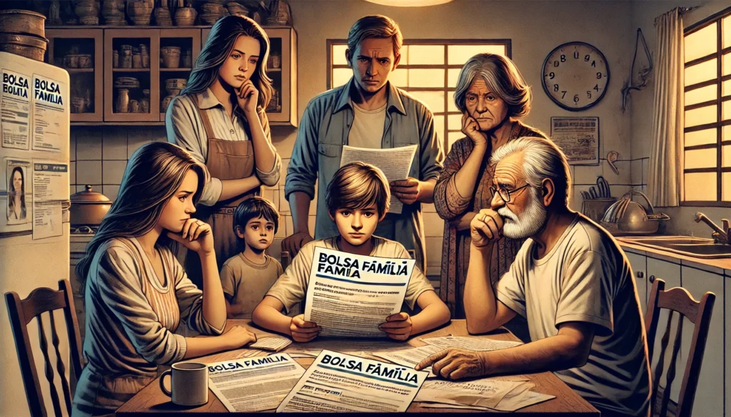 DALL·E 2024 09 10 22.50.37 A scene depicting a concerned Brazilian family diverse in age and ethnicity sitting together at a kitchen table reviewing official letters and docum