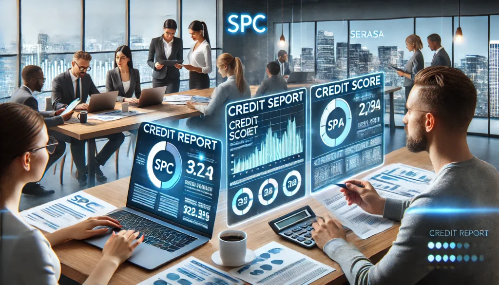 DALL·E 2024 09 12 18.41.35 A detailed image showing two contrasting scenes on one side a young professional reviewing their credit report with the SPC logo on the screen and