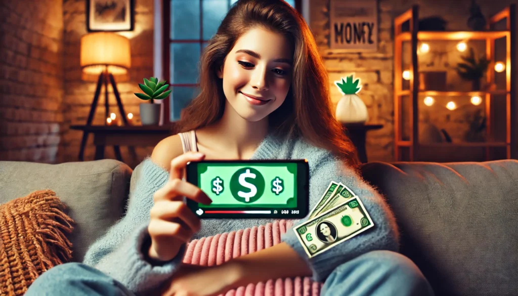 DALL·E 2024 09 12 18.42.59 A vibrant image showing a young person comfortably sitting at home on a couch watching videos on a smartphone and looking pleased with dollar signs